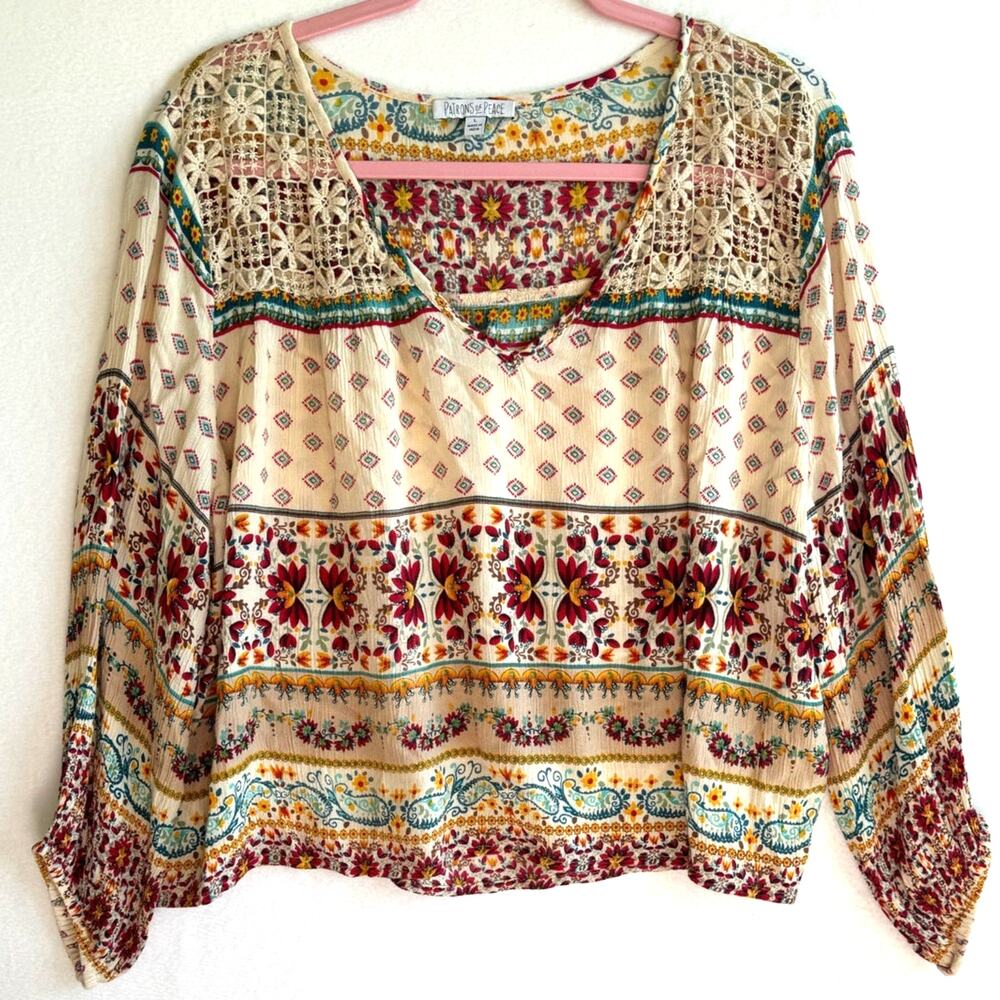 Patrons of Peace Floral Boho Blouse GUC Made in India with Stitching Details
